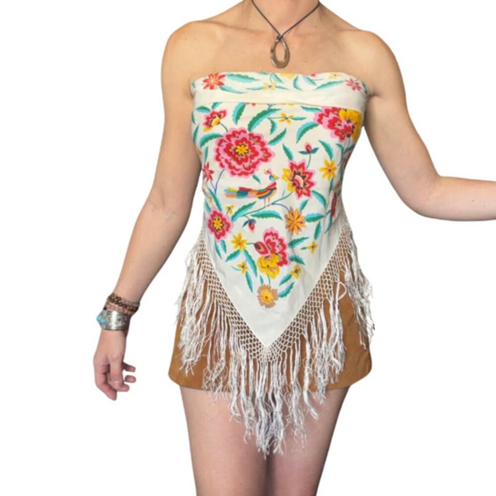 Vintage Floral Fringe Wrap Top Skirt Boho Festival Scarf/Shawl